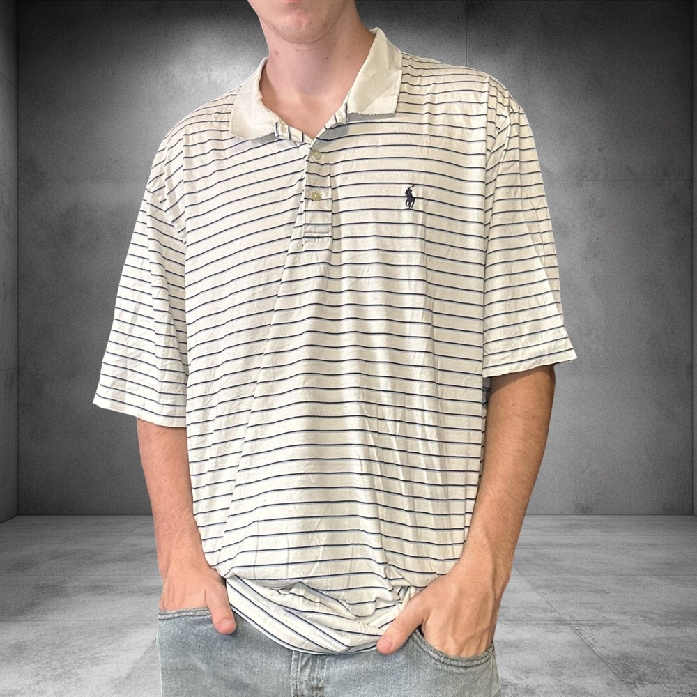 Vintage Polo Ralph Lauren Striped Polo Shirt White Navy XL Y2K Boxy Fit